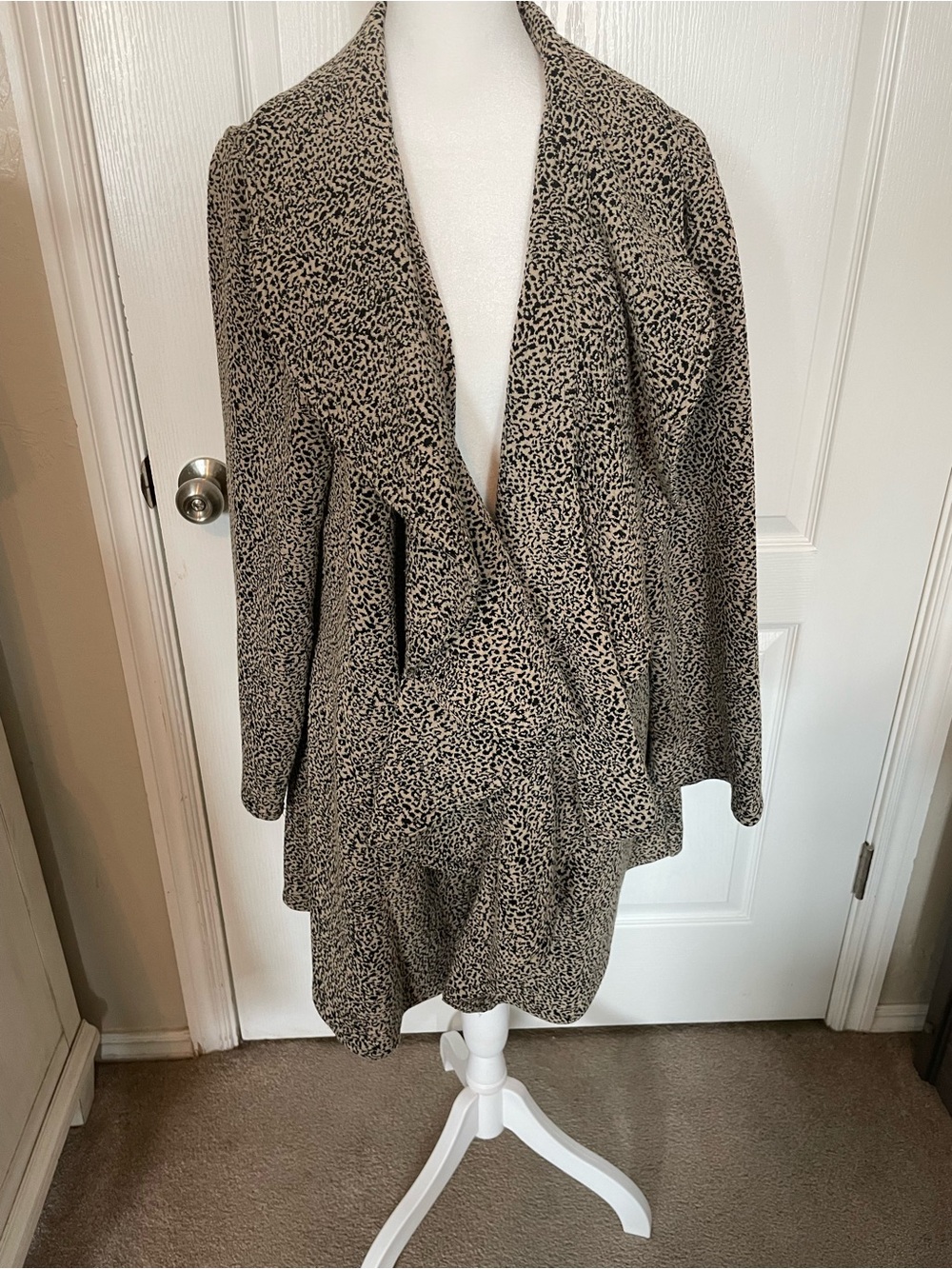 Calvin Klein Taupe and Black Leopard-Print Open Coat